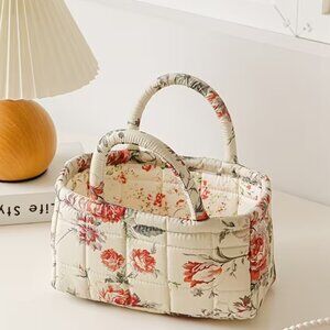 Vintage Floral Print Quilted Storage Basket w/Handles Cottagecore Retro Bohemian